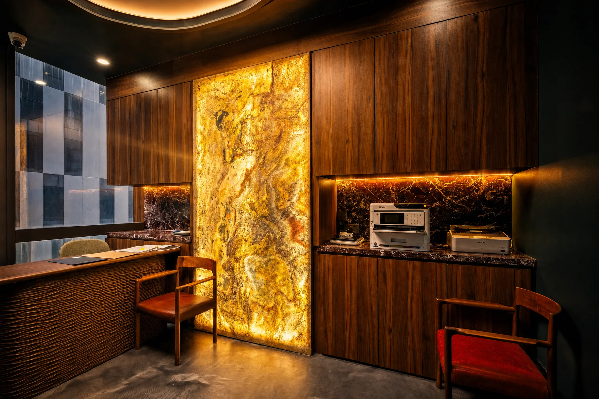 Backlit onyx wall in the executive office