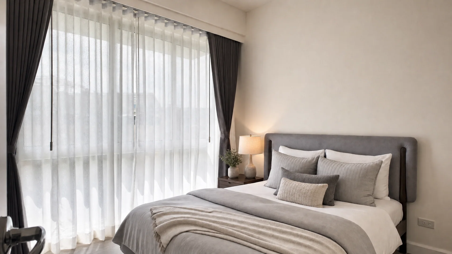 Rockwell bedroom with neutral bedding and full-height curtains