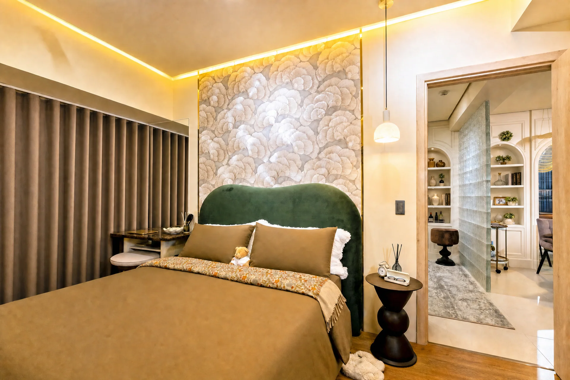 Custom bedroom with green headboard and botanical wall treatment