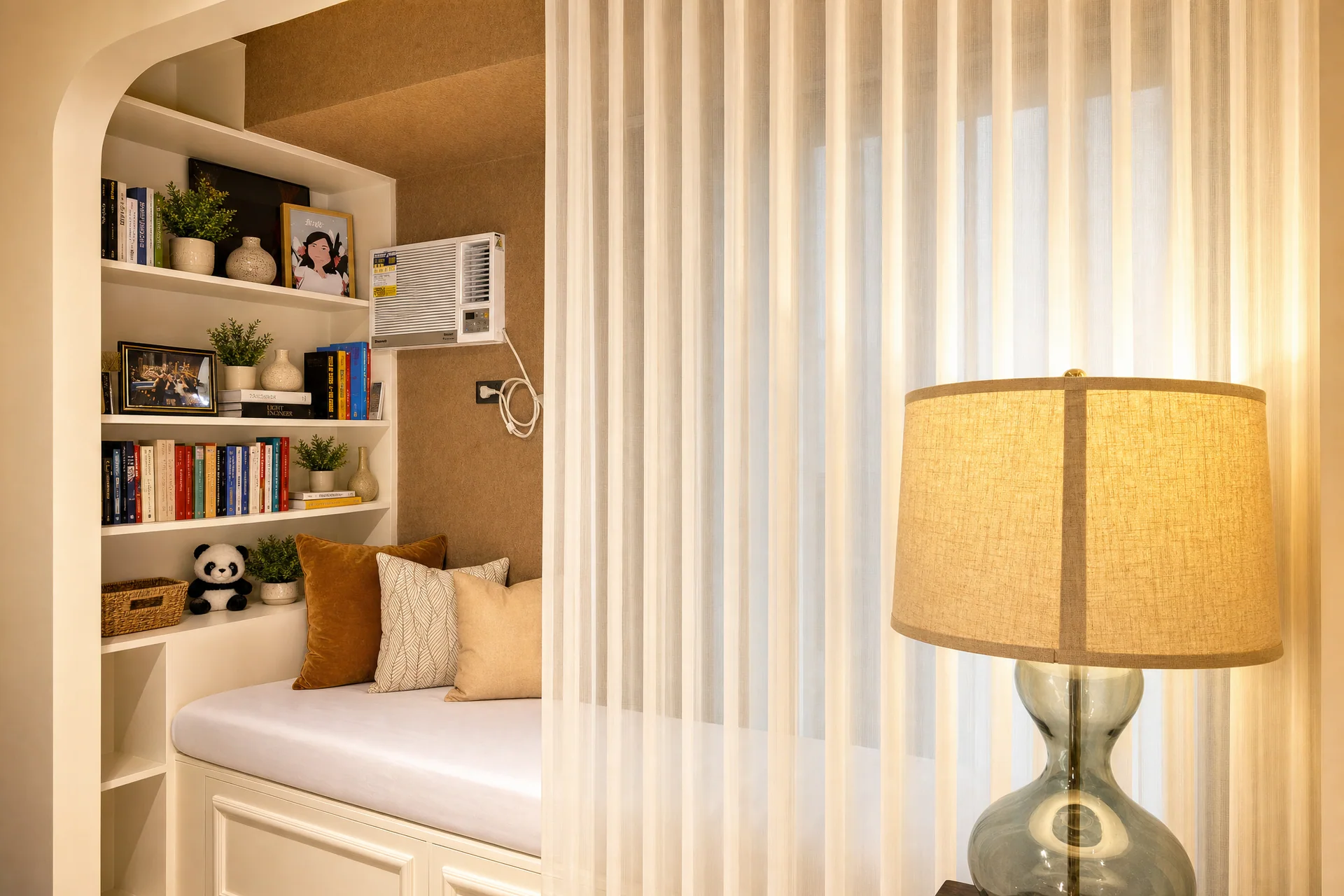 Built-in reading nook with storage and shelving