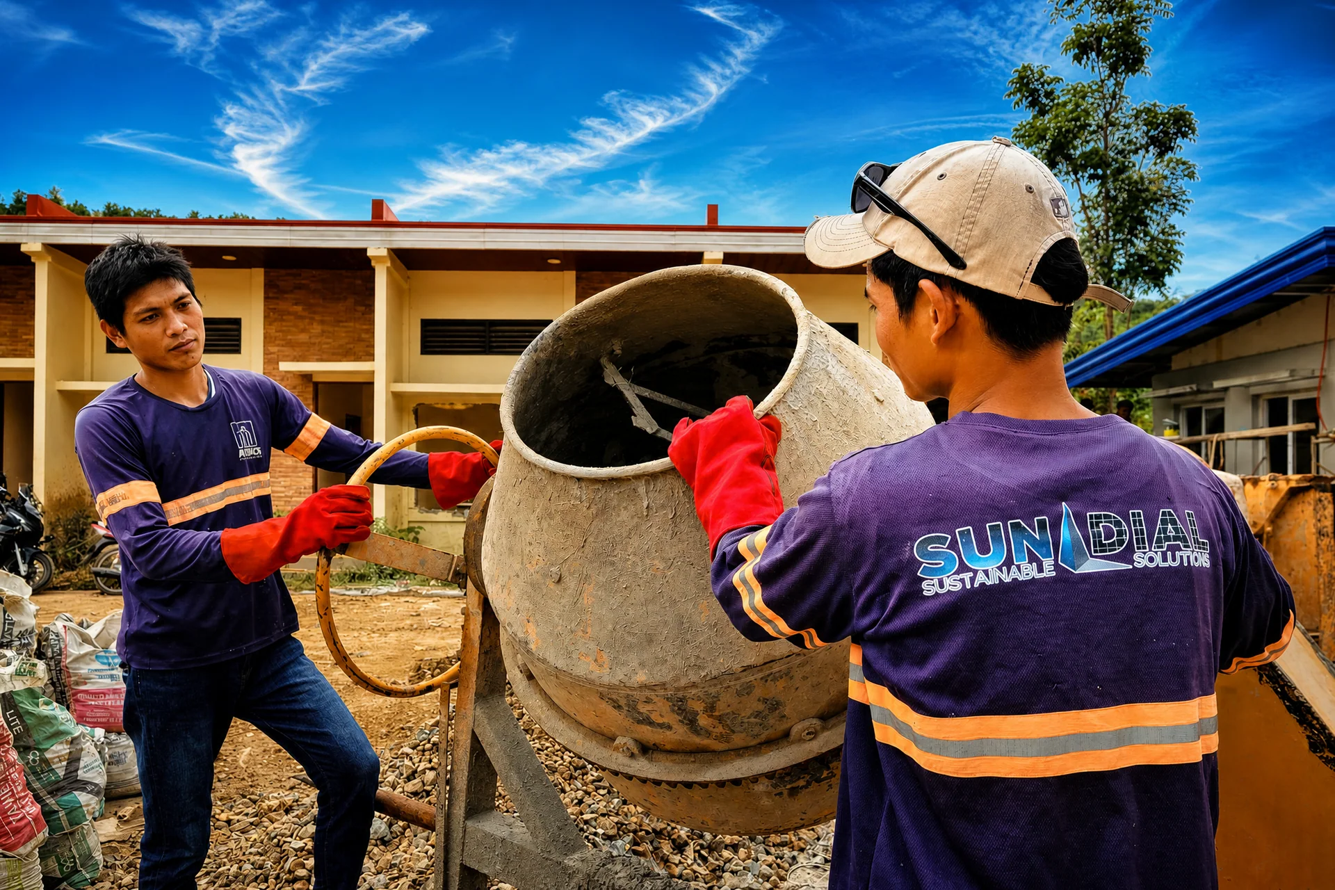 Two Sundial construction workers operating a concrete mixer on site