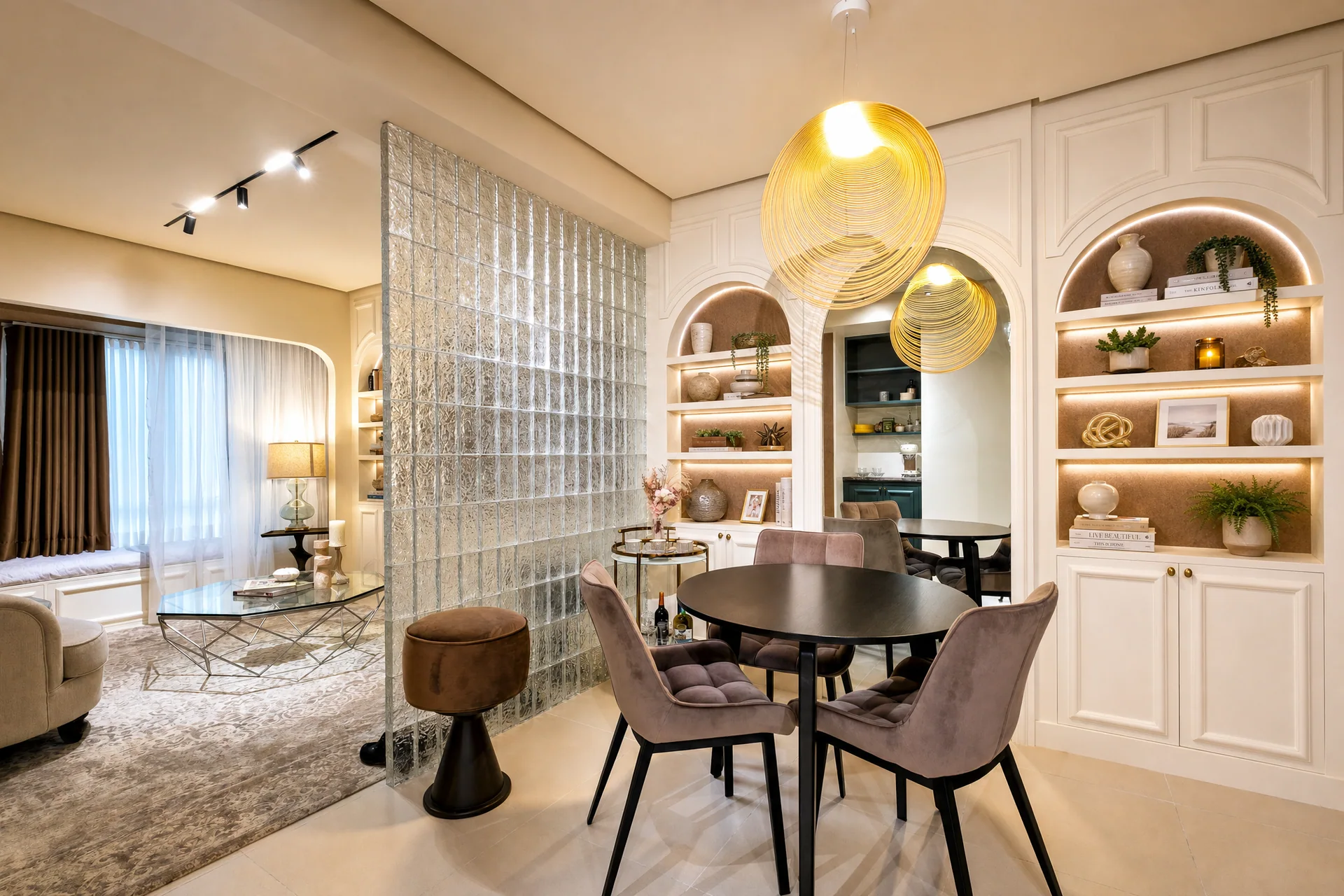 Custom Solinea dining area with arched shelving, a glass-block partition, and a view into the living room